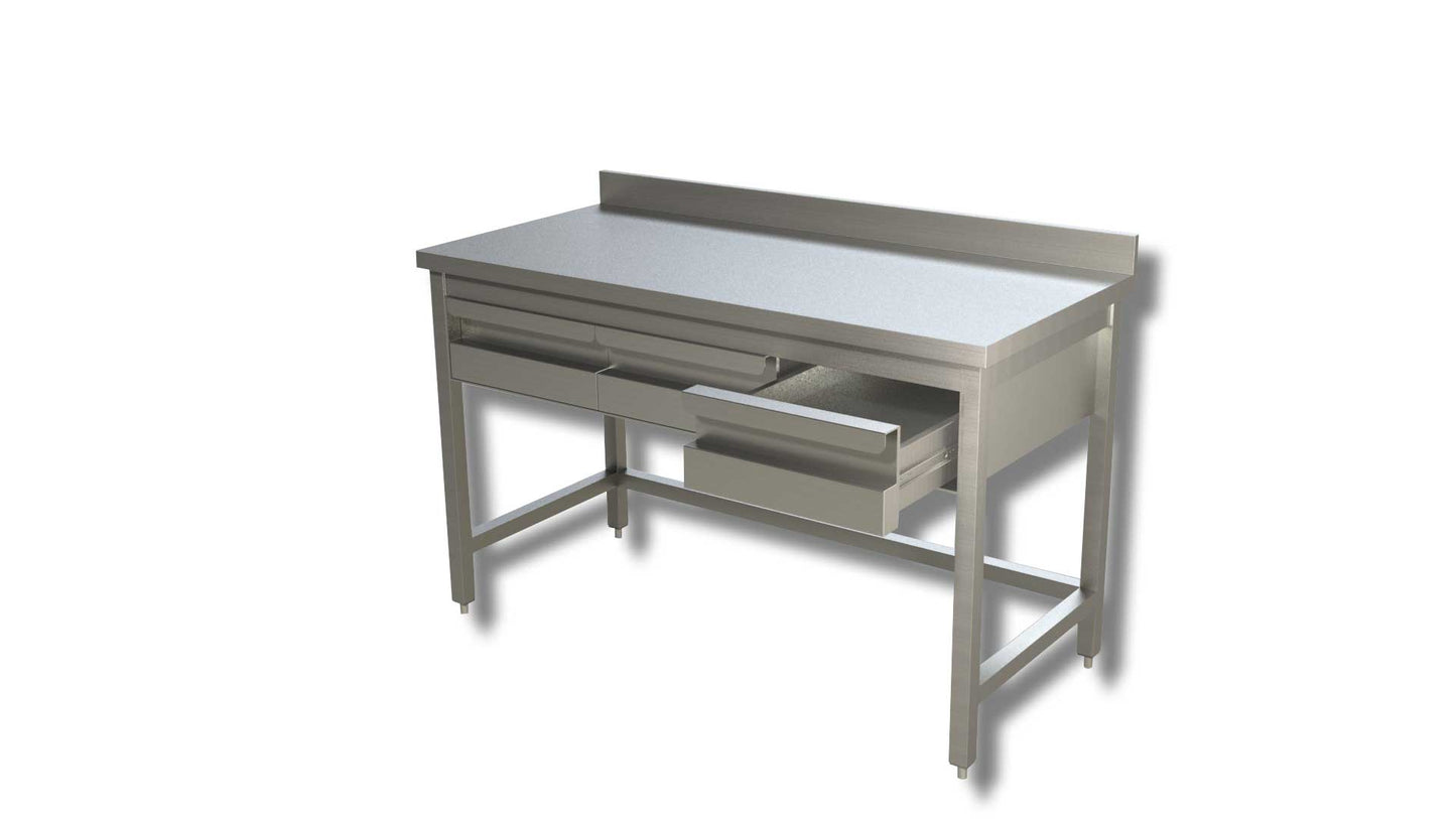 Tavolo su Gambe con Cassetti Orizzontali e Alzatina Prof. 70 cm - Acciaio Inox AISI 304/430