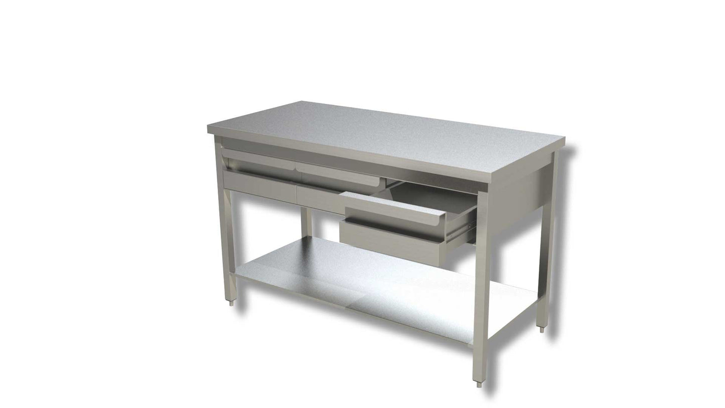 Tavolo Professionale su Gambe con Ripiano e Cassetti Orizzontali - Profondità 60 cm - Acciaio Inox